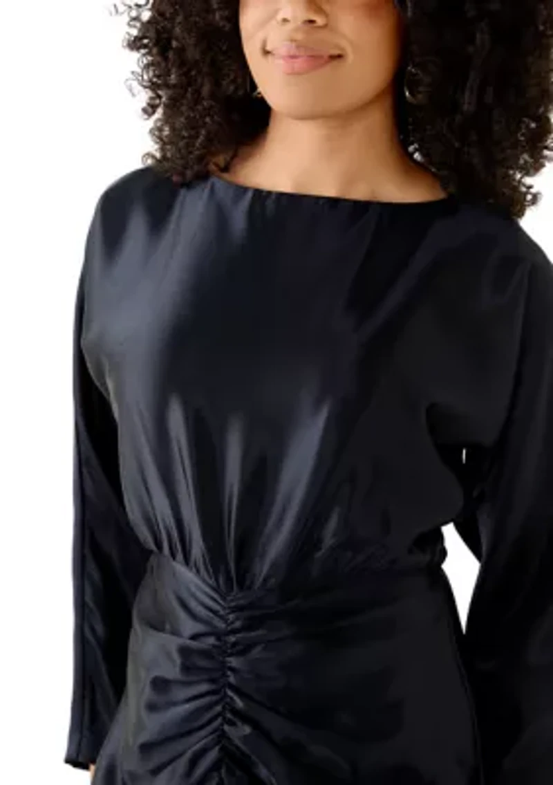 Women's Long Sleeve Crew Neck Satin A-Line Dress