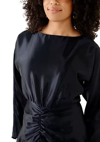 Women's Long Sleeve Crew Neck Satin A-Line Dress