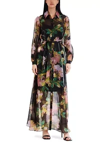 Women's Long Sleeve Floral Print Organza Shirt Gown