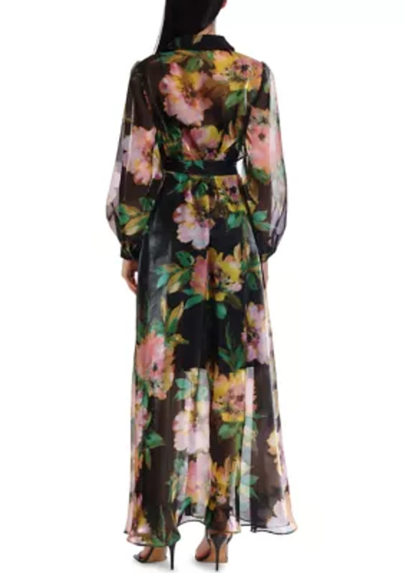 Women's Long Sleeve Floral Print Organza Shirt Gown