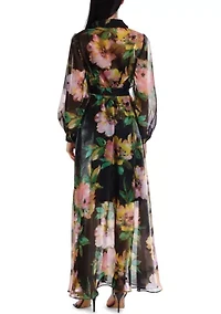 Women's Long Sleeve Floral Print Organza Shirt Gown