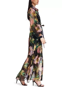 Women's Long Sleeve Floral Print Organza Shirt Gown