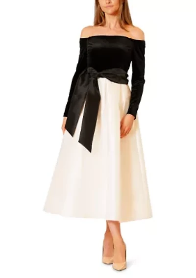 Women's Long Sleeve Off the Shoulder Velvet Bodice Gown with Bow Waist