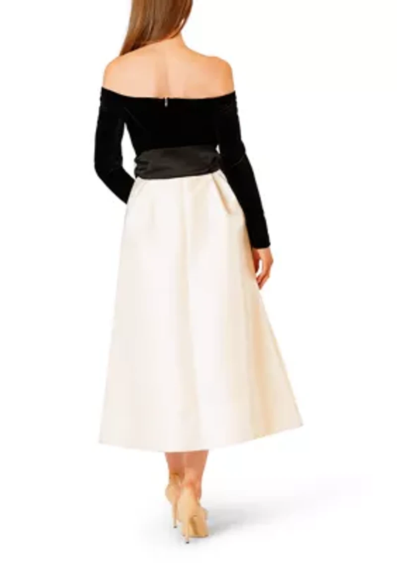 Women's Long Sleeve Off the Shoulder Velvet Bodice Gown with Bow Waist
