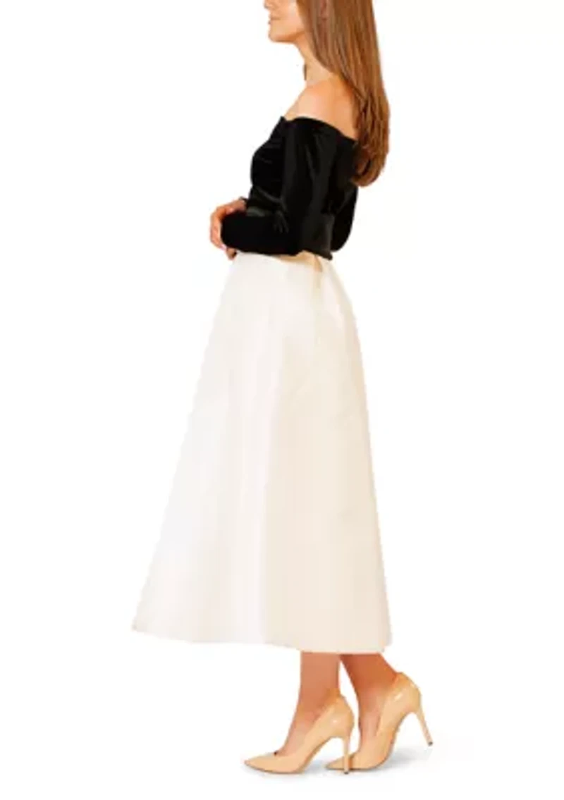 Women's Long Sleeve Off the Shoulder Velvet Bodice Gown with Bow Waist