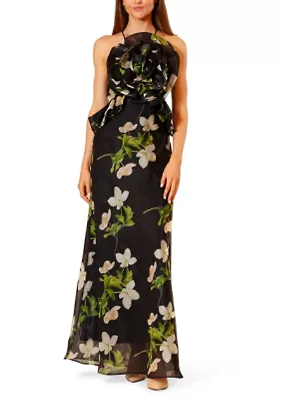 Women's Sleeveless Halter Floral Gown with Ruffles