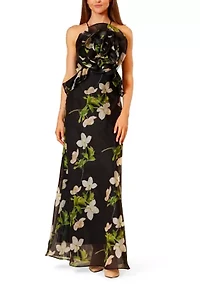 Women's Sleeveless Halter Floral Gown with Ruffles