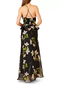 Women's Sleeveless Halter Floral Gown with Ruffles