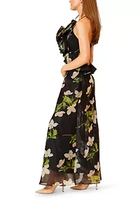 Women's Sleeveless Halter Floral Gown with Ruffles