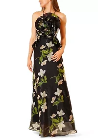 Women's Sleeveless Halter Floral Gown with Ruffles