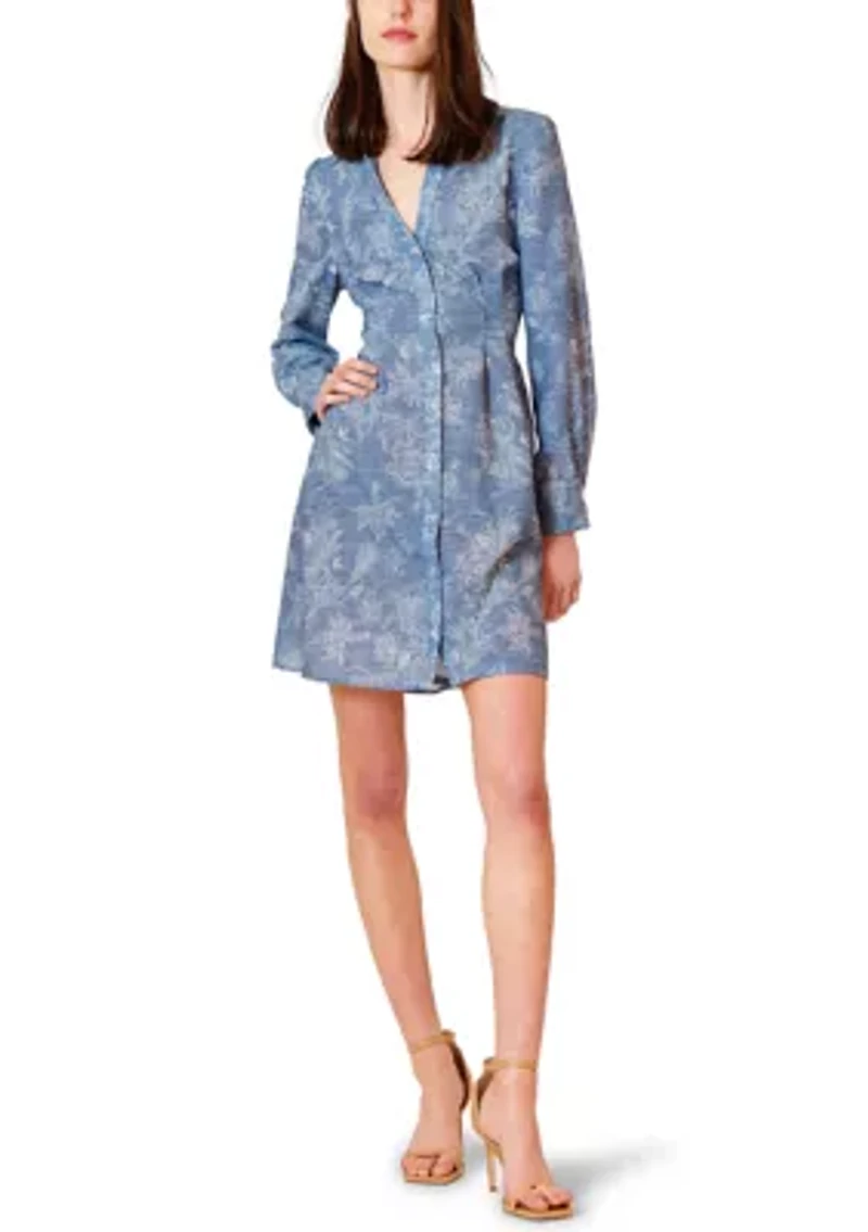 Women's Long Sleeve Printed Denim A-Line Dress