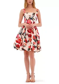 Women's Sleeveless Square Neck Floral Bubble Mini Dress