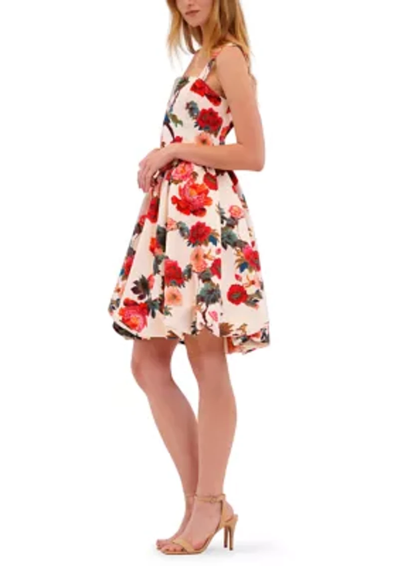 Women's Sleeveless Square Neck Floral Bubble Mini Dress