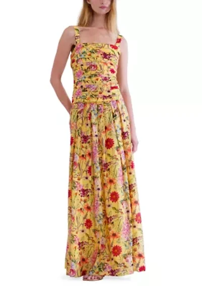 Women's Sleeveless Square Neck Drop Waist Floral Hazy Voile Maxi Dress