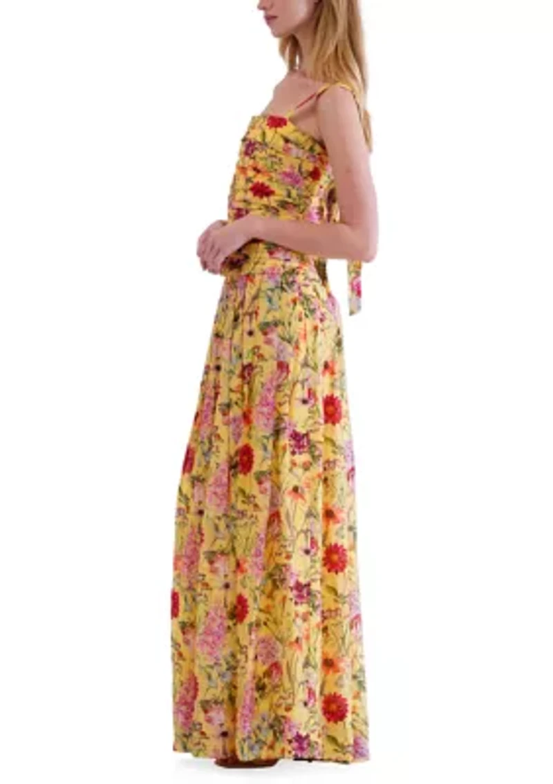 Women's Sleeveless Square Neck Drop Waist Floral Hazy Voile Maxi Dress