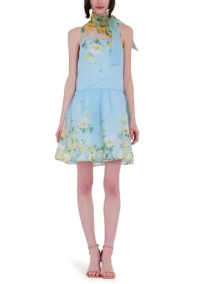 Women's Sleeveless Halter Floral Border Mini Dress