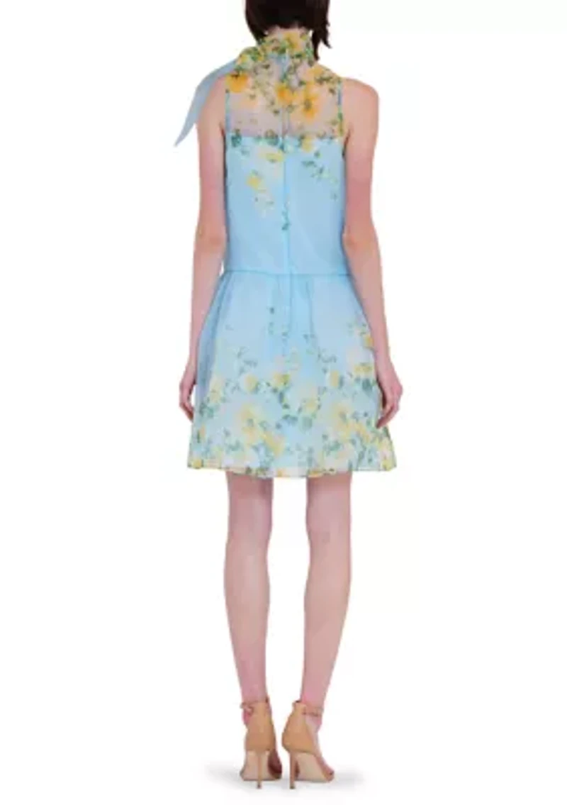 Women's Sleeveless Halter Floral Border Mini Dress