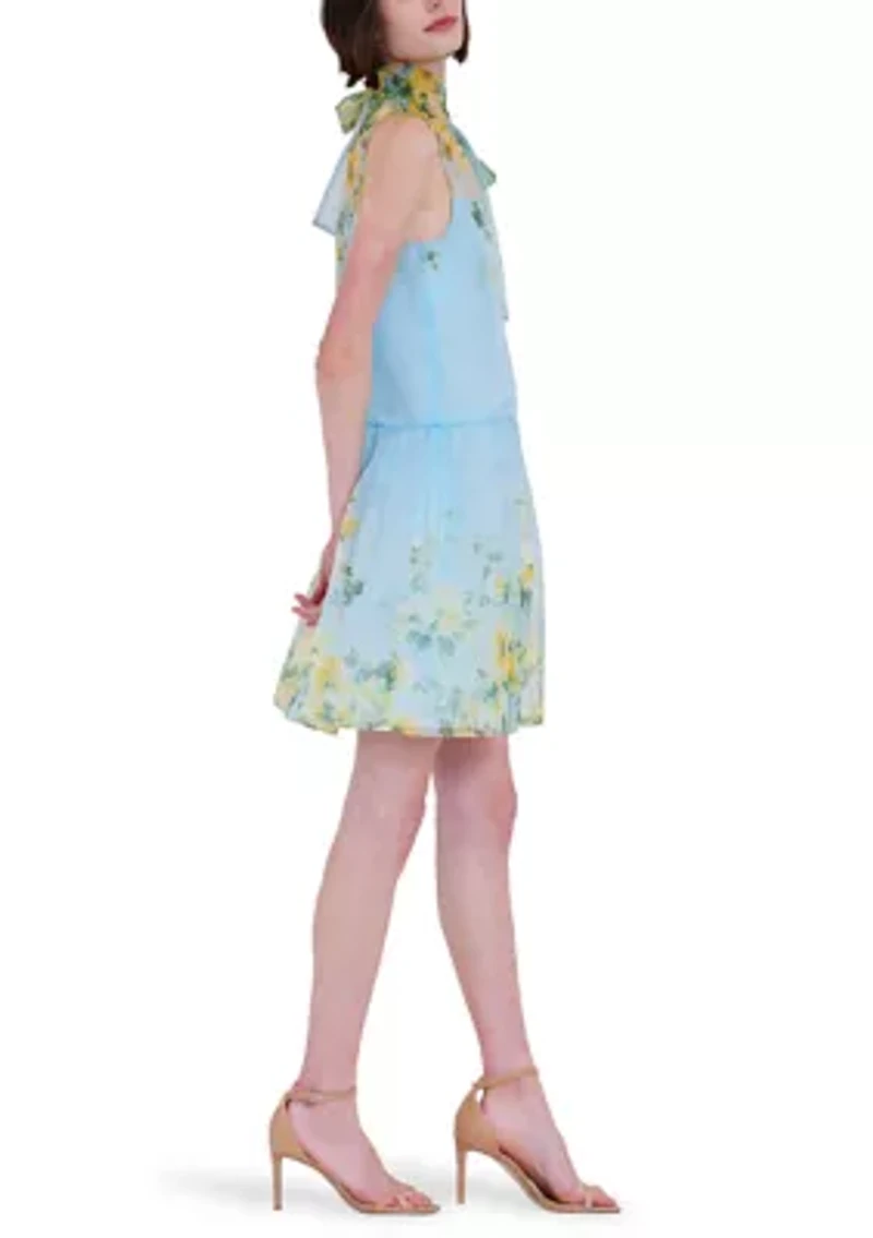 Women's Sleeveless Halter Floral Border Mini Dress