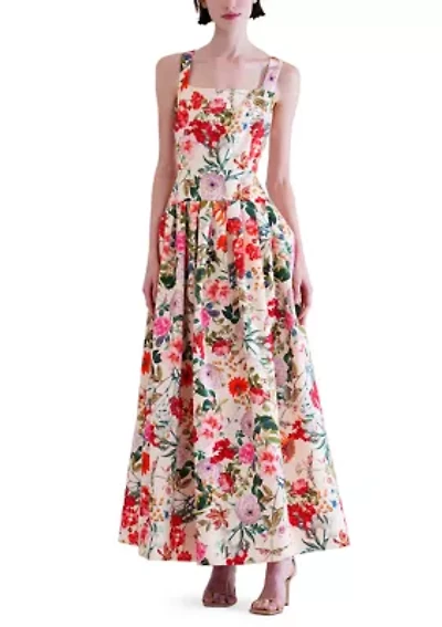 Women's Sleeveless Square Neck Faille Floral A-Line Maxi Dress