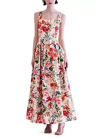 Women's Sleeveless Square Neck Faille Floral A-Line Maxi Dress