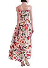 Women's Sleeveless Square Neck Faille Floral A-Line Maxi Dress