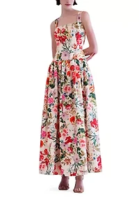 Women's Sleeveless Square Neck Faille Floral A-Line Maxi Dress