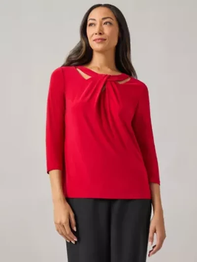 Petite Three-Quarter Sleeve Twist Neck Top