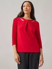 Petite Three-Quarter Sleeve Twist Neck Top