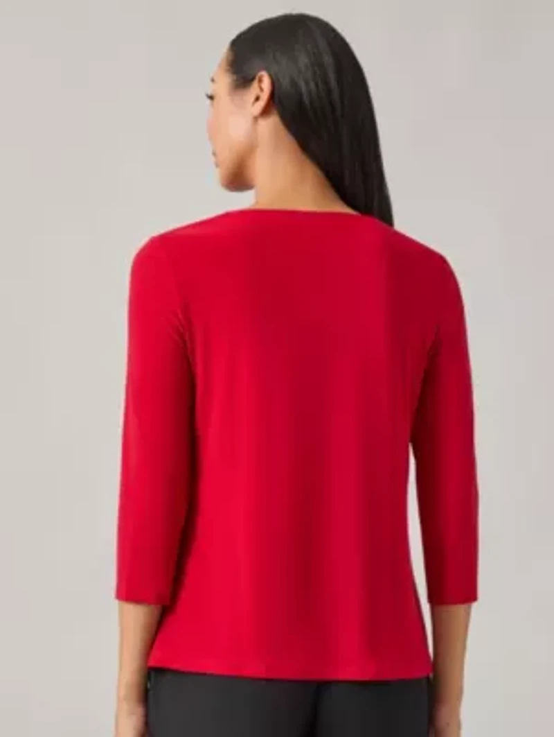 Petite Three-Quarter Sleeve Twist Neck Top