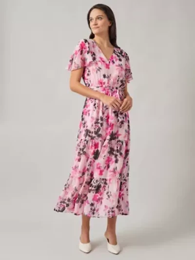 Petite Flutter Sleeve Tiered Dress