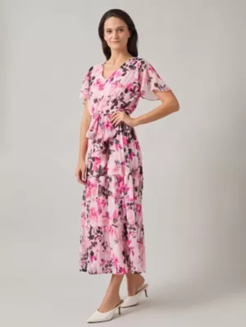Petite Flutter Sleeve Tiered Dress