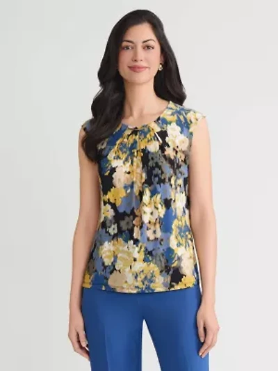 Petite Multifloral Pleat Neck Knit Top with Hardware