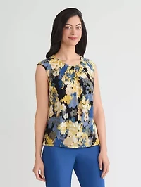 Petite Multifloral Pleat Neck Knit Top with Hardware