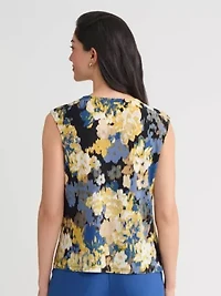 Petite Multifloral Pleat Neck Knit Top with Hardware