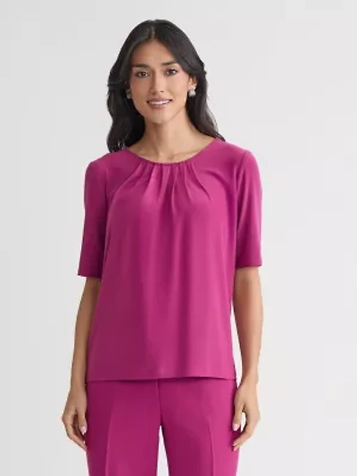 Petite Elbow Sleeve Pleat Neck Knit Top