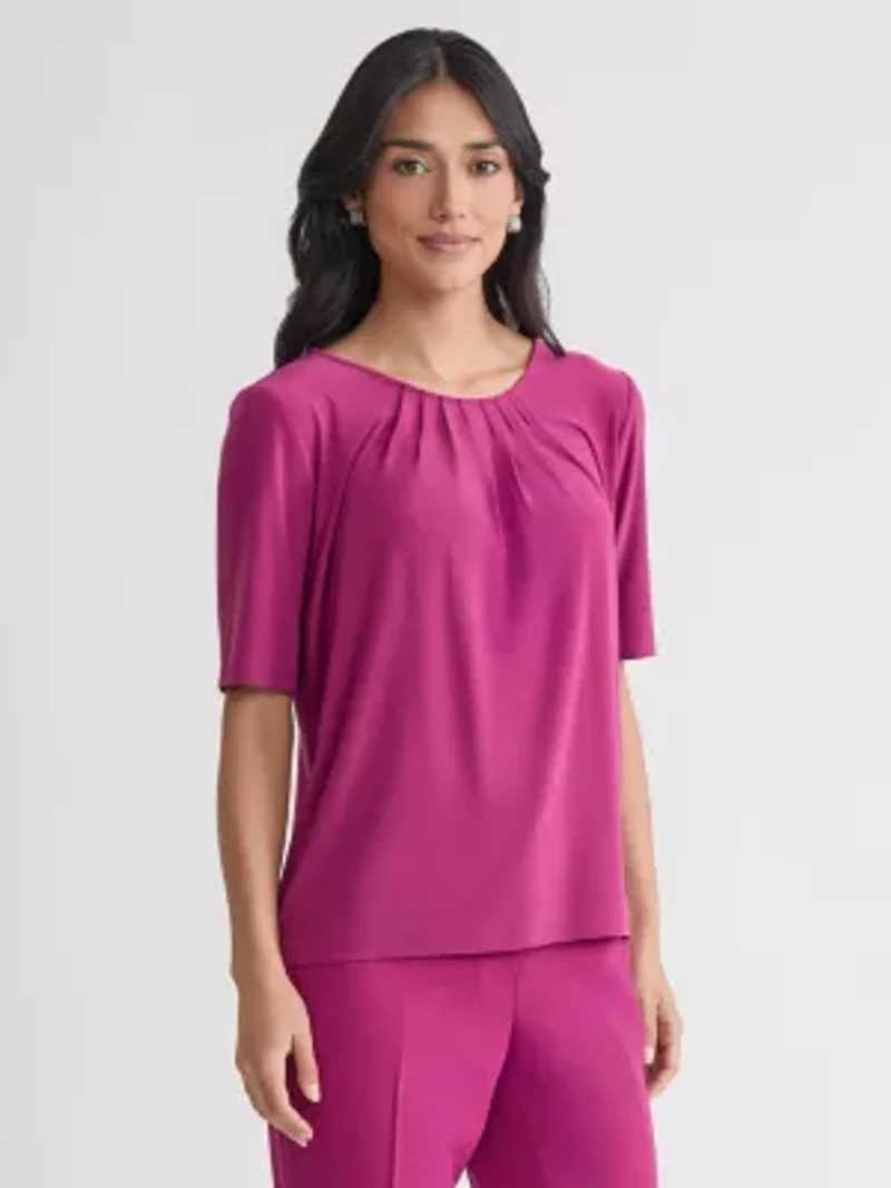 Petite Elbow Sleeve Pleat Neck Knit Top