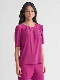 Petite Elbow Sleeve Pleat Neck Knit Top