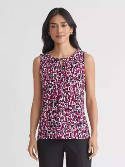 Petite Multi Print Sleeveless Pleat Neck Knit Top