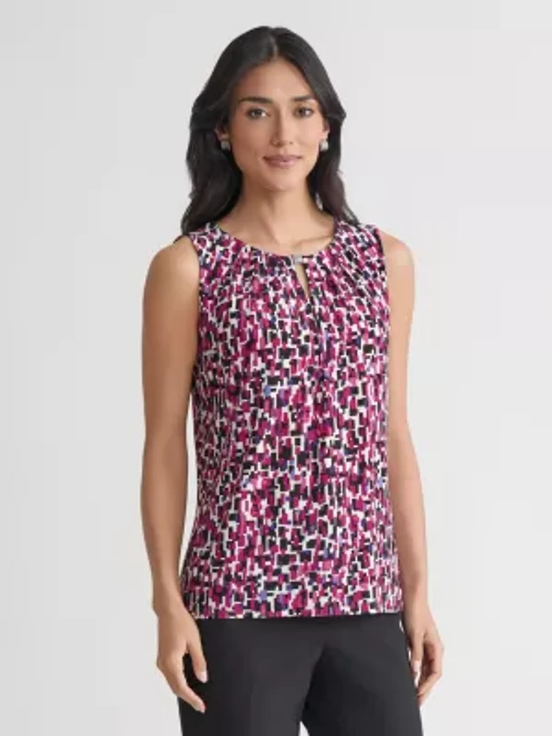 Petite Multi Print Sleeveless Pleat Neck Knit Top