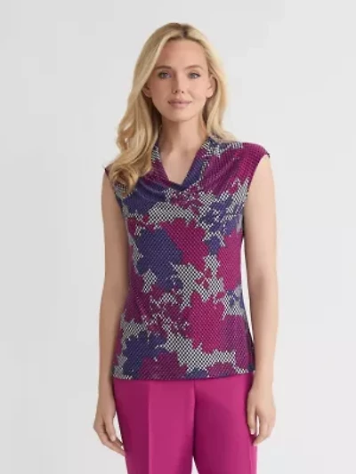 Petite Houndstooth Floral Print Cowl Neck Knit Top