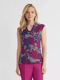 Petite Houndstooth Floral Print Cowl Neck Knit Top