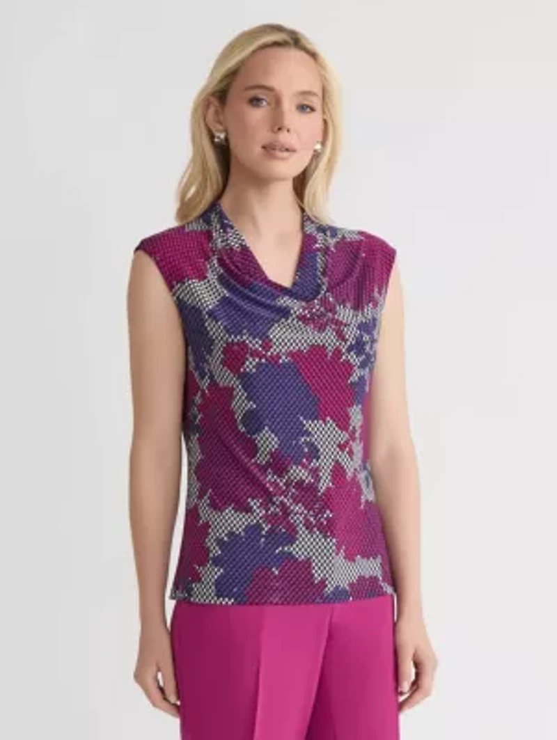 Petite Houndstooth Floral Print Cowl Neck Knit Top