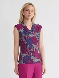 Petite Houndstooth Floral Print Cowl Neck Knit Top