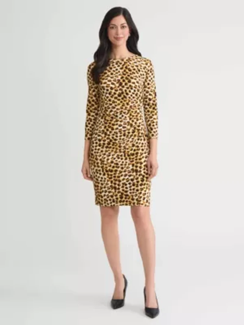 Petite Animal Print Rouched Knit Dress with Hardware
