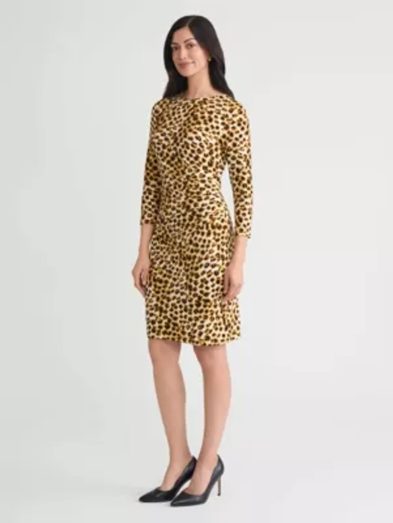 Petite Animal Print Rouched Knit Dress with Hardware