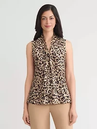 Women's Animal Print Sleeveless Tie Neck Blouse
