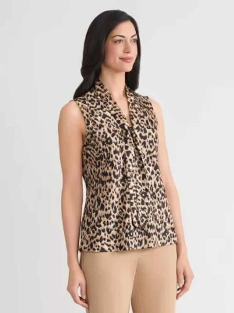 Women's Animal Print Sleeveless Tie Neck Blouse