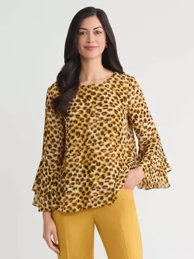 Petite Animal Print Tiered Ruffle Sleeve Blouse