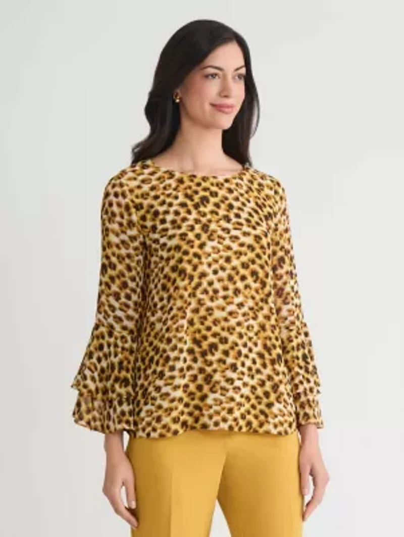 Petite Animal Print Tiered Ruffle Sleeve Blouse