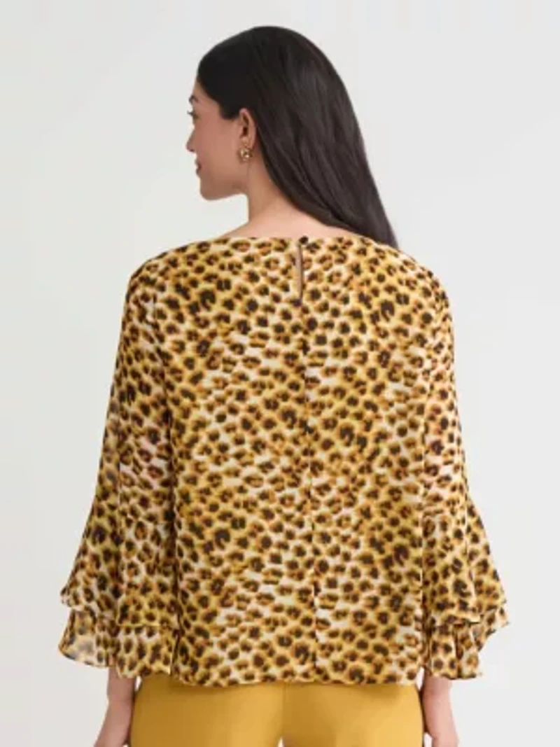 Petite Animal Print Tiered Ruffle Sleeve Blouse